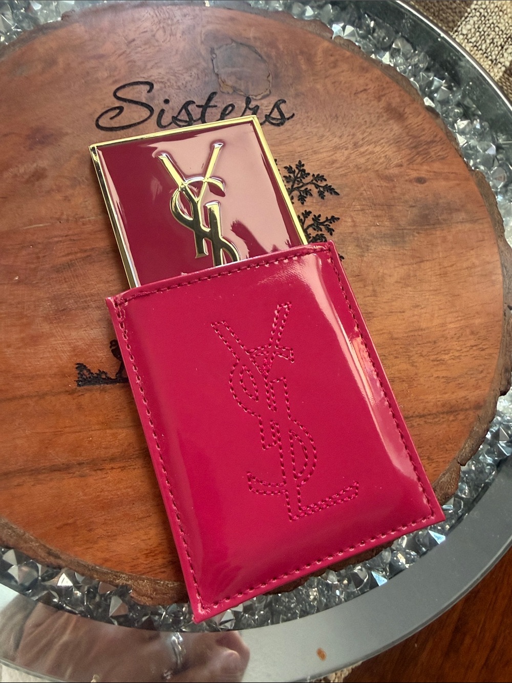 Saint Laurent Patent Pink Card Holder with Gold Logo Accent compact mirror - Picture 1 of 4